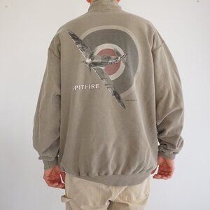 Vintage '90S Bulletin Spitfire Plane Dog Fight Green Quarter Zip Sweater 2XL